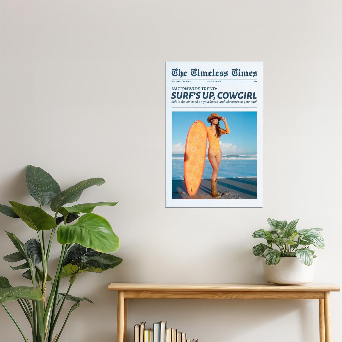 Surf’s Up Cowgirl | Coastal Western Newspaper Print Poster