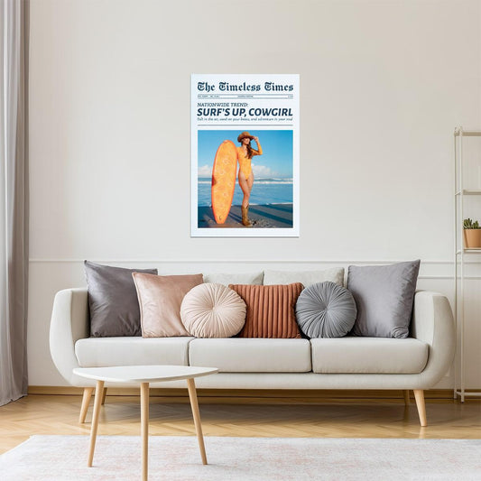 Surf’s Up Cowgirl | Coastal Western Newspaper Print Poster