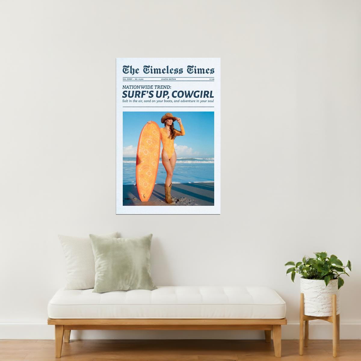 Surf’s Up Cowgirl | Coastal Western Newspaper Print Poster