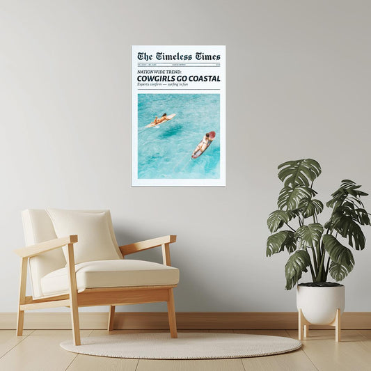 Cowgirls Go Coastal | Surfer Girl Newspaper Wall Art Poster