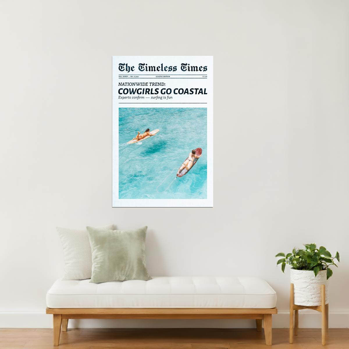 Cowgirls Go Coastal | Surfer Girl Newspaper Wall Art Poster