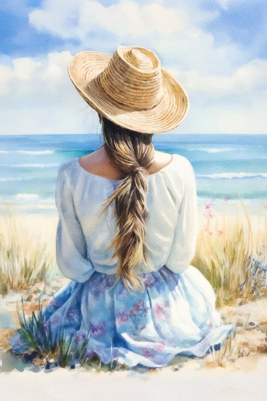 Seaside Girl | Coastal Cowgirl Watercolor Wall Art Poster