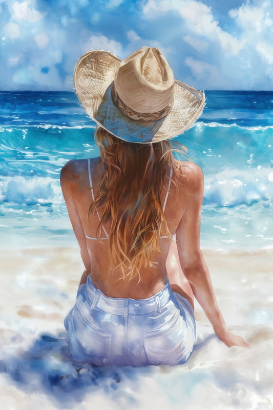 By the Shore | Coastal Cowgirl Watercolor Painting Poster