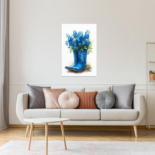 Blue Boots with Flowers | Watercolor Cowgirl Western Print Poster