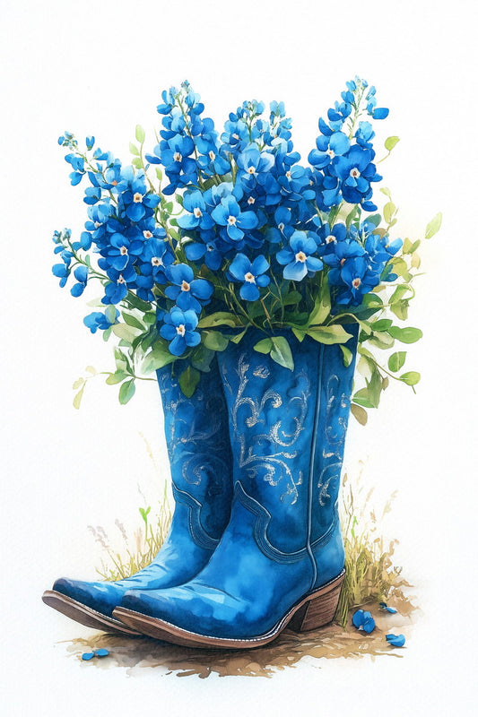 Blue Boots with Flowers | Watercolor Cowgirl Western Print Poster