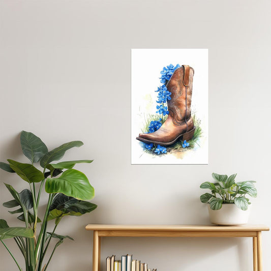 Brown Boots with Blue Flowers | Watercolor Western Wall Art Poster