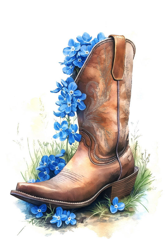 Brown Boots with Blue Flowers | Watercolor Western Wall Art Poster
