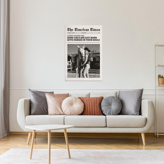 Born with Horses | Black and White Cowgirl Newspaper Wall Art Poster