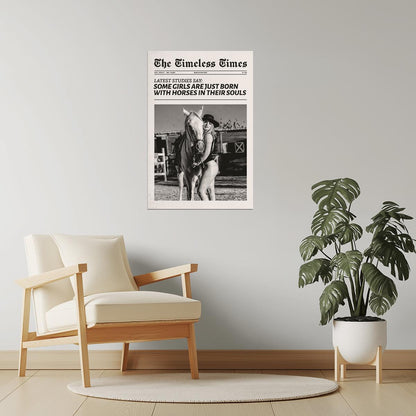 Born with Horses | Black and White Cowgirl Newspaper Wall Art Poster