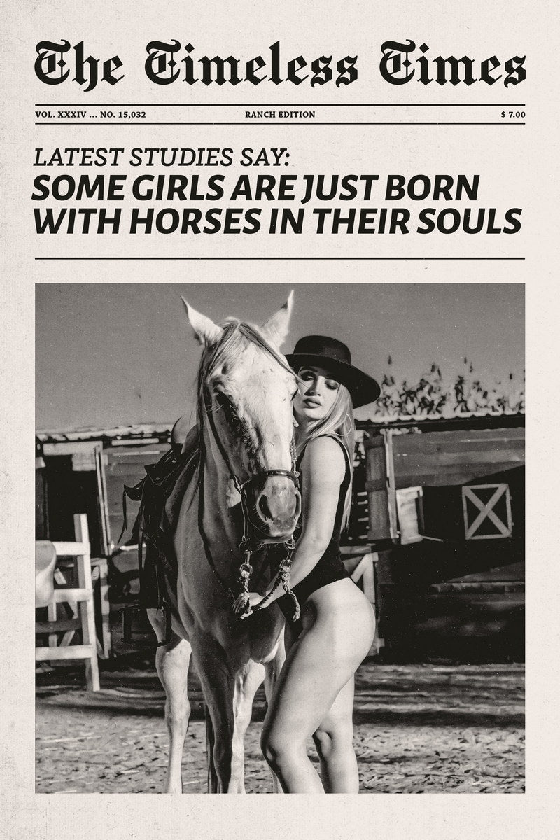 Born with Horses | Black and White Cowgirl Newspaper Wall Art Poster