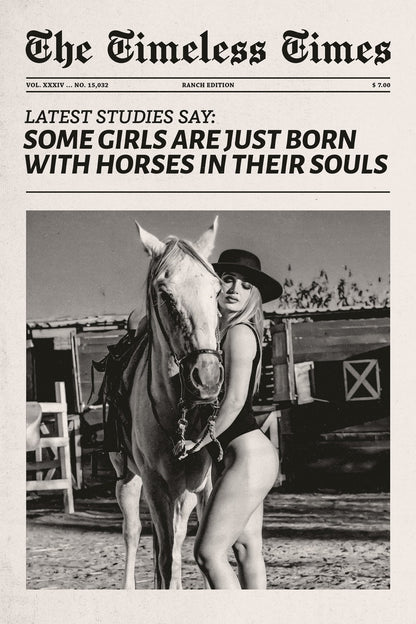 Born with Horses | Black and White Cowgirl Newspaper Wall Art Poster