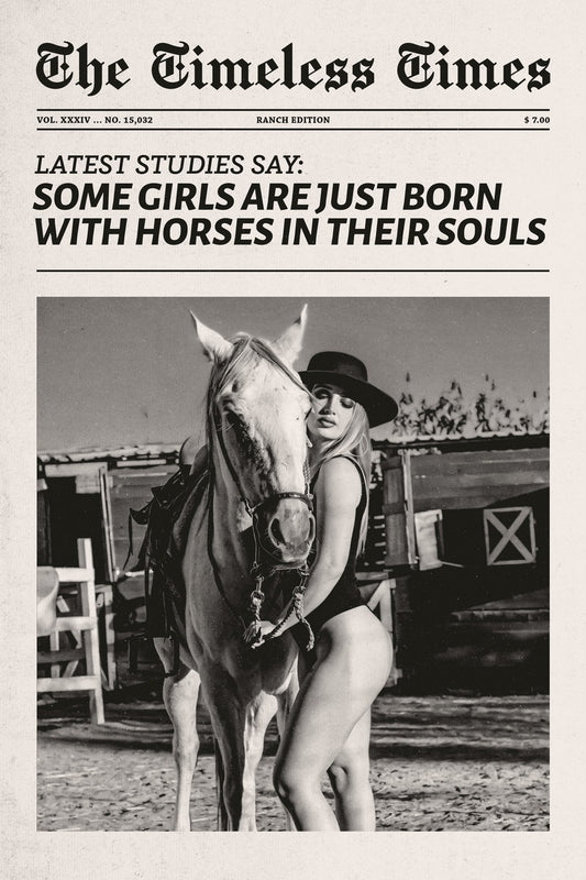 Born with Horses | Black and White Cowgirl Newspaper Wall Art Poster