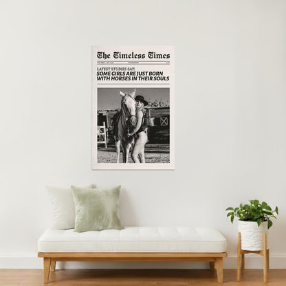 Born with Horses | Black and White Cowgirl Newspaper Wall Art Poster