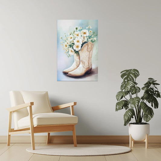 White Cowgirl Boots with Daisies | Watercolor Floral Western Print Poster