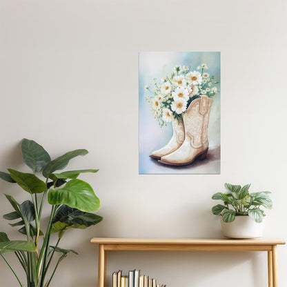 White Cowgirl Boots with Daisies | Watercolor Floral Western Print Poster