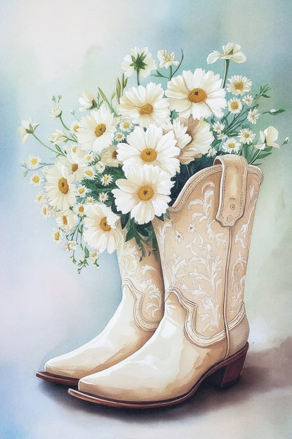 White Cowgirl Boots with Daisies | Watercolor Floral Western Print Poster
