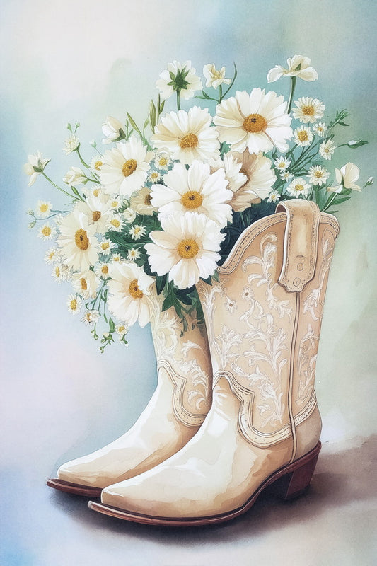White Cowgirl Boots with Daisies | Watercolor Floral Western Print Poster