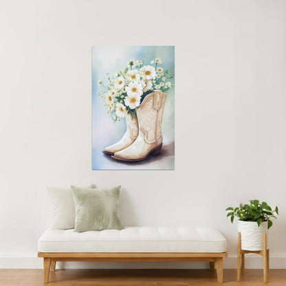 White Cowgirl Boots with Daisies | Watercolor Floral Western Print Poster
