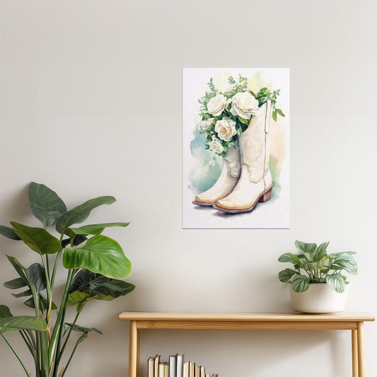 Cowgirl Boots with Roses | Watercolor Floral Western Wall Art Poster