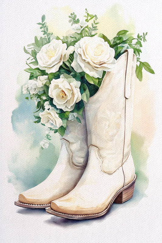Cowgirl Boots with Roses | Watercolor Floral Western Wall Art Poster