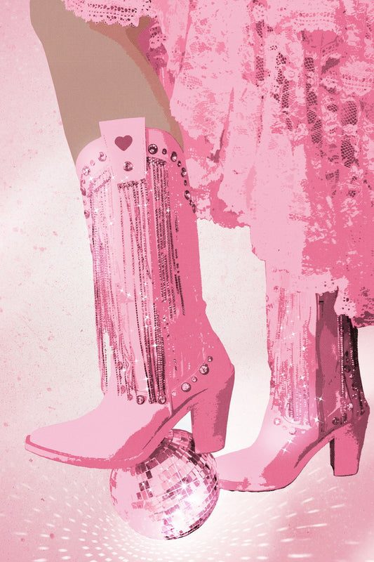 Disco Cowgirl Boots | Pink Fringe Party Western Wall Art Poster