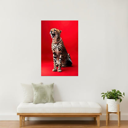 Elegant Cheetah on Red | Luxury Fashion-Inspired Big Cat Wall Art Poster