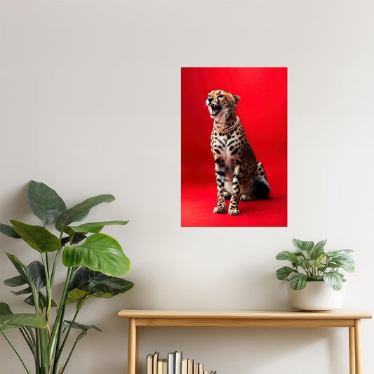 Elegant Cheetah on Red | Luxury Fashion-Inspired Big Cat Wall Art Poster