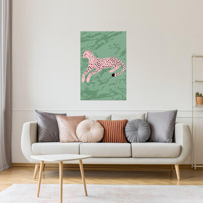 Pink Cheetah on Green Print | Eclectic Animal Cartoon Wall Decor Poster