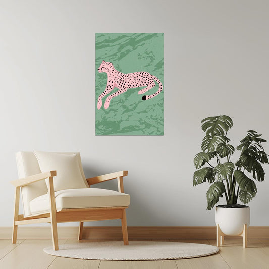 Pink Cheetah on Green Print | Eclectic Animal Cartoon Wall Decor Poster