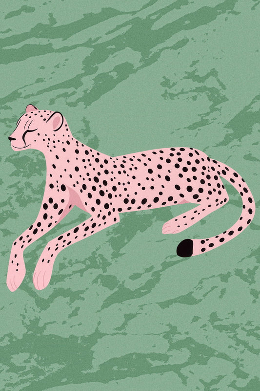 Pink Cheetah on Green Print | Eclectic Animal Cartoon Wall Decor Poster