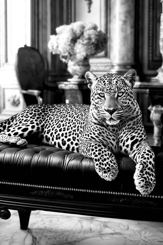Leopard on Chaise in Black & White | Glamorous Art Photography Print Poster