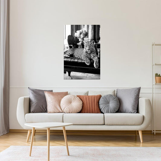 Leopard on Chaise in Black & White | Glamorous Art Photography Print Poster