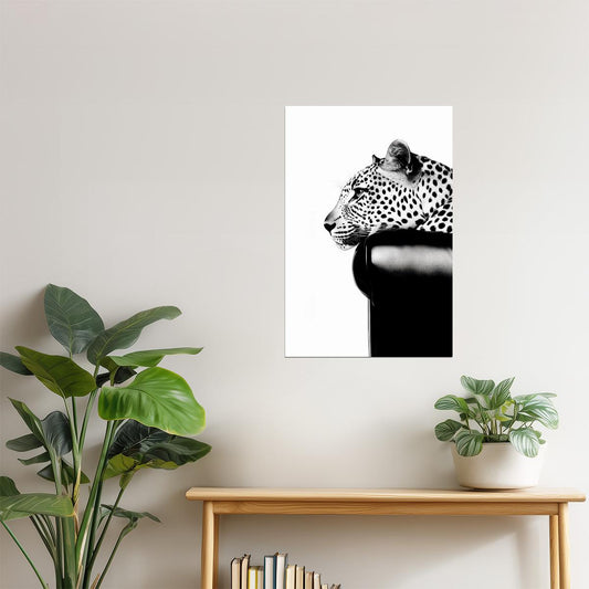 Leopard Portrait in Black & White | Minimalist Jungle Cat Art Print Poster