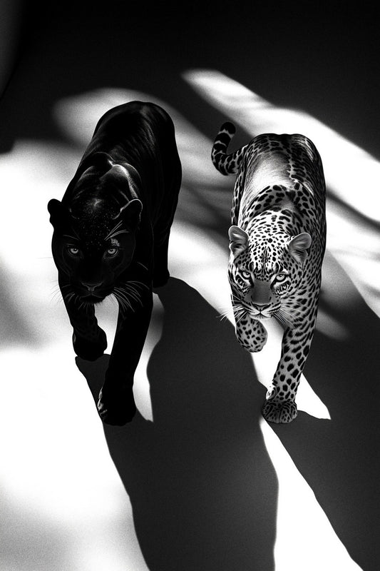 Leopard & Panther Duo in Shadows | Artistic Black & White Jungle Cat Print Poster