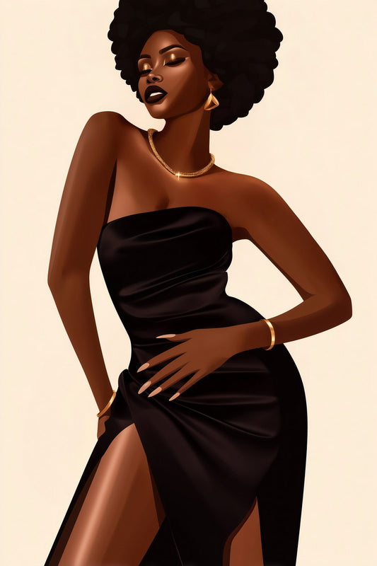 Black Woman in Elegant Black Dress | Glamorous Fashion Illustration | Wall Art Print Poster