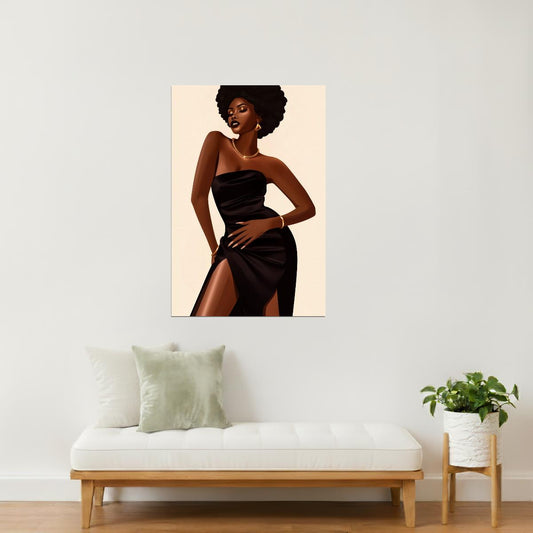Black Woman in Elegant Black Dress | Glamorous Fashion Illustration | Wall Art Print Poster