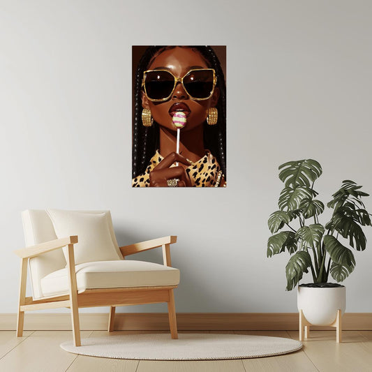 Black Woman with Sunglasses and Lollipop | Bold Pop Art Portrait | Wall Art Print Poster