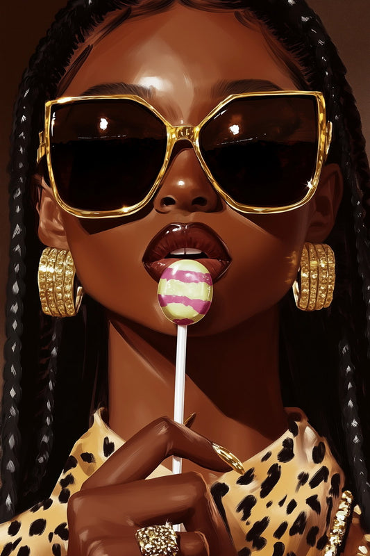 Black Woman with Sunglasses and Lollipop | Bold Pop Art Portrait | Wall Art Print Poster