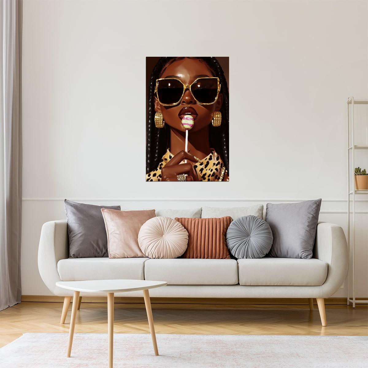 Black Woman with Sunglasses and Lollipop | Bold Pop Art Portrait | Wall Art Print Poster