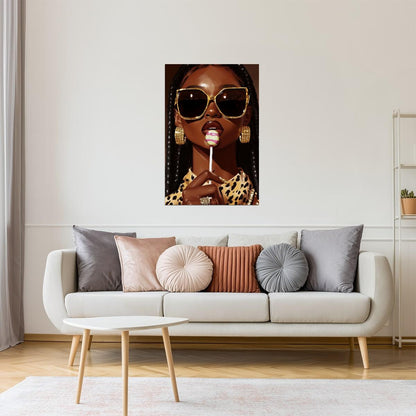 Black Woman with Sunglasses and Lollipop | Bold Pop Art Portrait | Wall Art Print Poster