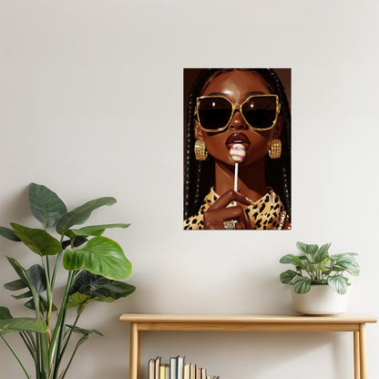 Black Woman with Sunglasses and Lollipop | Bold Pop Art Portrait | Wall Art Print Poster