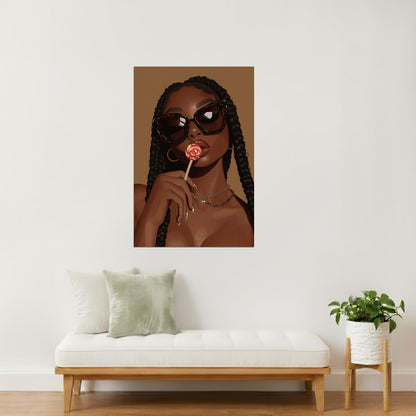 Stylish Woman with Braids and Lollipop | Sassy Contemporary Art | Wall Decor Poster
