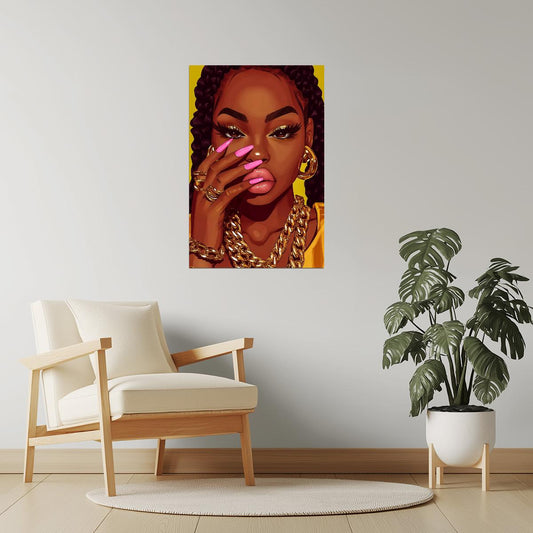 Melanin Queen with Pink Nails | Fierce Digital Illustration | Wall Art Print Poster