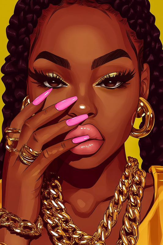 Melanin Queen with Pink Nails | Fierce Digital Illustration | Wall Art Print Poster