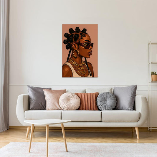 Black Queen with Bantu Knots and Shades | Bold Afrocentric Art | Wall Art Print Poster