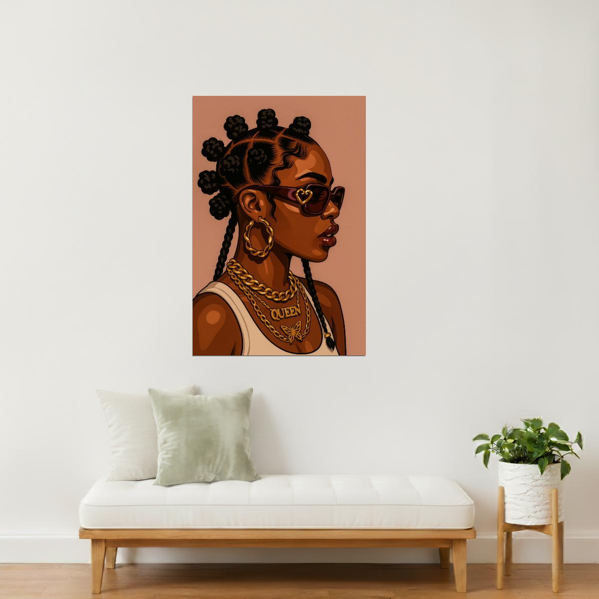 Black Queen with Bantu Knots and Shades | Bold Afrocentric Art | Wall Art Print Poster