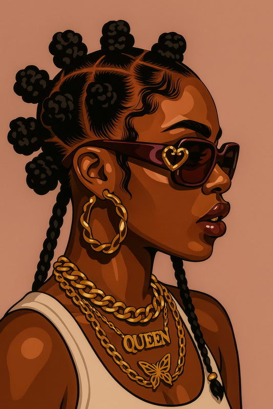 Black Queen with Bantu Knots and Shades | Bold Afrocentric Art | Wall Art Print Poster