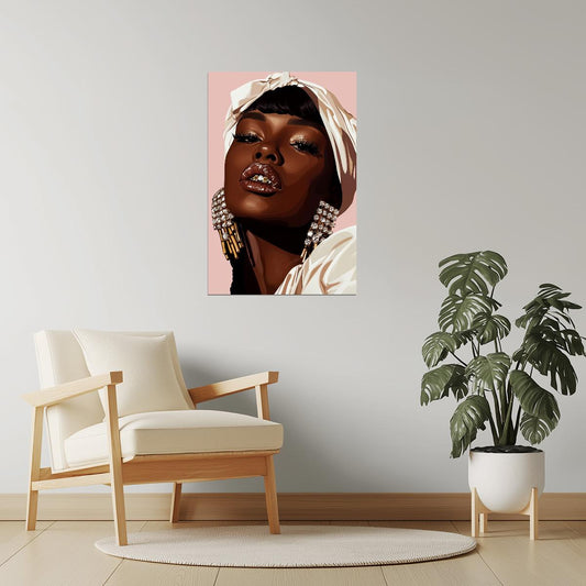 Grillz and White Headwrap | Chic Stylized Portrait | Black Woman Wall Decor Poster