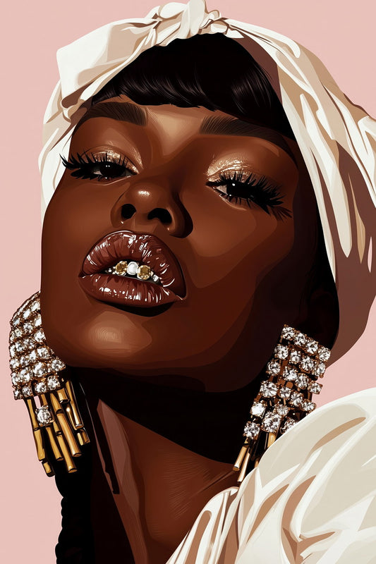 Grillz and White Headwrap | Chic Stylized Portrait | Black Woman Wall Decor Poster