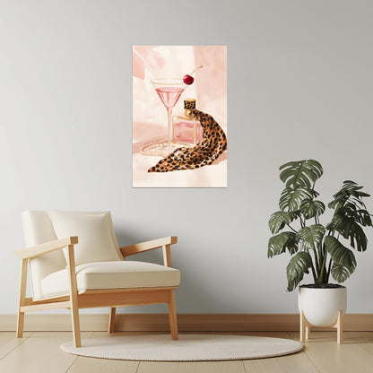 Pink Cocktail with Perfume Bottle | Glamorous Modern Still Life | Wall Decor Poster